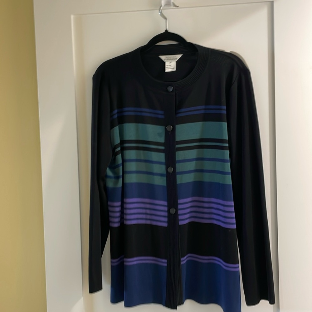 Misook Cardigan Black - Blue- Purple and Green stripes